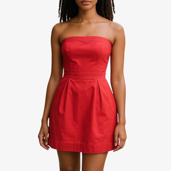 Coral Red Fit & Flare Mini Dress 4  Strapless Pleats Party cocktail French Conn - Picture 1 of 9
